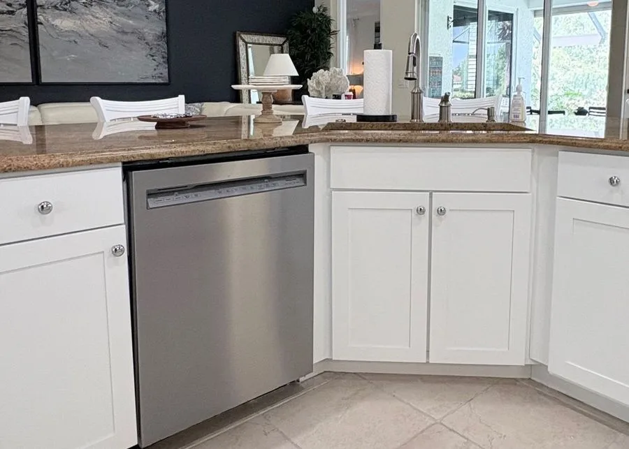 Refinished white kitchen cabinets